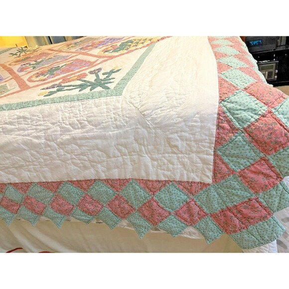 Vintage Patchwork Flower Quilt Handmade Hand Stitched Multicolor Full Size - Picture 4 of 10